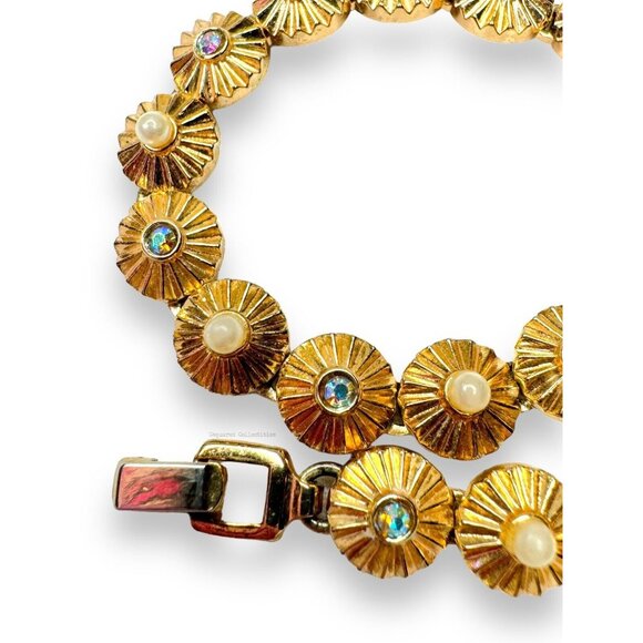 Crown Trifari Gold Tone AB Crystal Faux Pearl Bracelet Clip On Earring Set - Picture 6 of 16